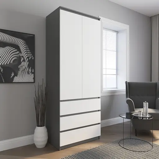 Шафа для одягу Vays R-9 Антрацит-Білий фасад, 3 шухляди, штанга, без ручок, ЛДСП, 80×50×211 см – для спальні, вітальні, передпокою