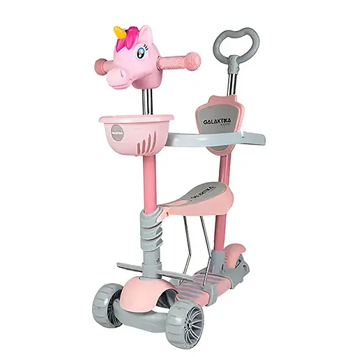 Детский трехколесный самокат 5 в 1 с подсветкой, корзиной и родительской ручкой Galaktika Единорог Розовый - фото 1