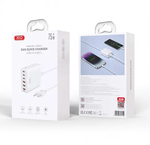 Зарядний пристрій XO L133 75W GaN 3A+3C 6 портів Desktop Fast Charger with 1.5M Power Cord - фото 2