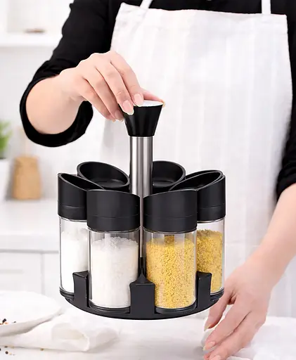 Набор из 6 стеклянных баночек для специй и приправ на вращающейся подставке 360 градусов, дозатор 3 режима Черный 88204 - фото 2