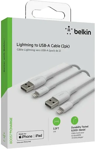 Belkin Кабель USB-A > Lightning подзарядка/синхронизация 1м, 12Вт, PVC, (2 Pack), белый - фото 7