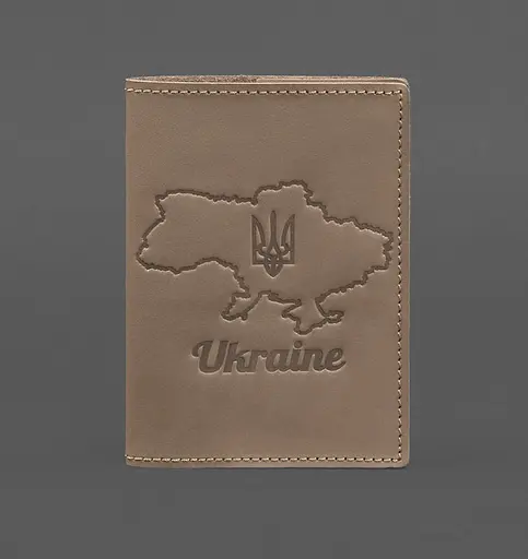 Кожаная обложка для паспорта с картой Украины светло-бежевый Crazy Horse - фото 1
