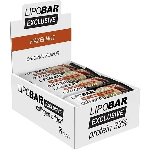 Блок батончиків LipoBar Exclusive Protein Bar, 20*50 грам збагачений біоактивним колагеном Peptan - Фундук
