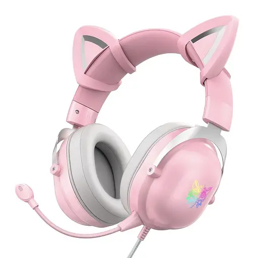 Ігрові дротові навушники Onikuma X11 з котячими вушками з мікрофоном і LED RGB підсвічуванням Рожевий