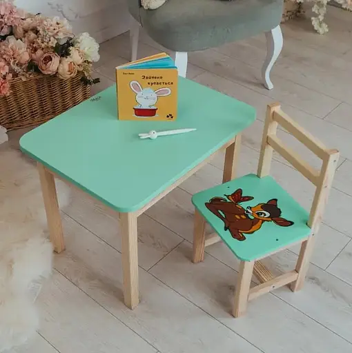 Дитячий письмовий столик та стільчик (з ящиком) для малювання та навчання (Зелений) Олень - фото 10
