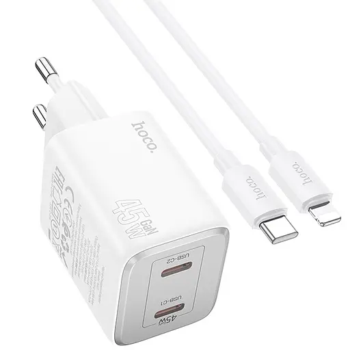МЗП Hoco N42 Elogiado PD45W (2USB-C) + кабель Type-C to Lightning White - фото 2
