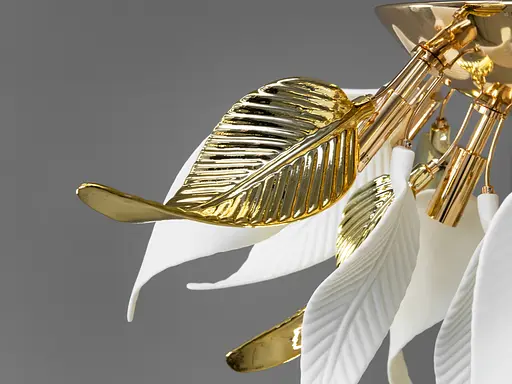 Красивая люстра с керамическими элементами под потолок, 10 ламп, золото. - фото 4