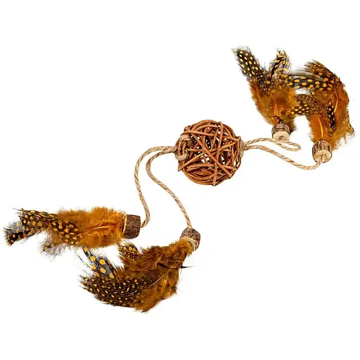 Іграшка для котів WAUCAT Fun Natural Плетений м'ячик з пір'ям, дерево, перо, джутова мотузка, 40 см - фото 1