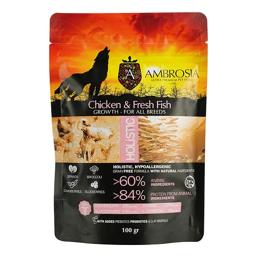  Повноцінний беззерновий корм Ambrosia Grain Free з куркою та рибою для цуценят усіх порід 100 г - фото 1
