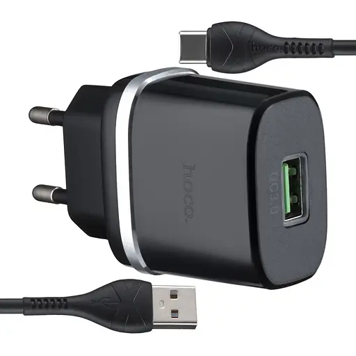 Сетевое зарядное устройство Hoco C12Q Smart QC3.0 charger set ( Type-C ) ( EU ) Черный - фото 1