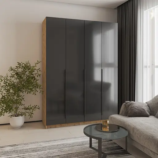 Шафа 4-дверна MebelStar Оскар Gloss BL-B, блок шухляд+полиці 160x52x220 см Дуб тахо/Чорний (MBS-5297) - фото 1