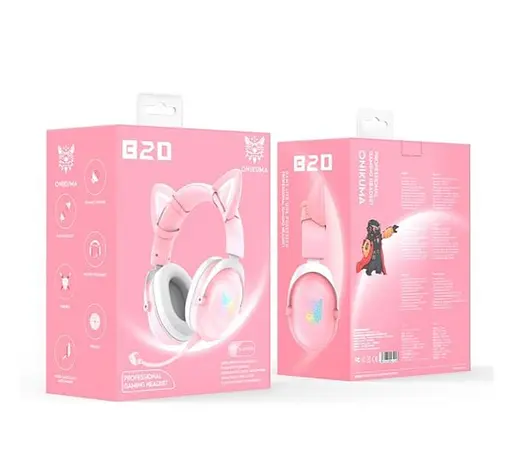 Навушники Onikuma Bluetooth Gaming CAT with LED B100 (B20), BT5.0, AUX, 1000mAh, 15-22h, pink - фото 2