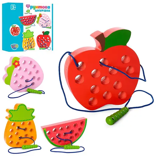 Деревянная игрушка Шнуровка фрукты, 15 см, 18x18x3 см (в ассортименте)