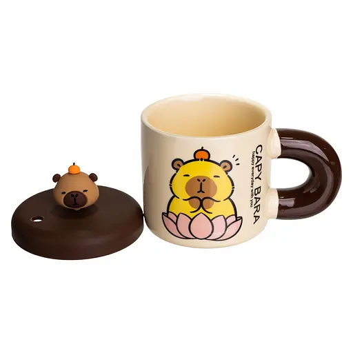 Чашка фарфоровая Капибара на кувшинке 400 мл с крышкой и трубочкой FM-27B - фото 3