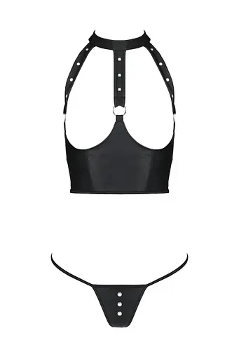 Комплект білизни з відкритими грудьми Passion GENEVIA Set WITH OPEN BRA S/M black корсет стрінги - фото 3