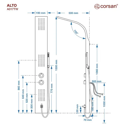 Душова панель Corsan Alto black з виливом та термостатом A017TBLW, Чорний матовий - фото 5