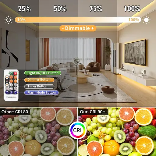 Світлодіодна стрічка Cob LED Strip Light 10 м з таймером, затемнювані стрічкові світильники з радіочастотним пультом дистанційного - фото 6