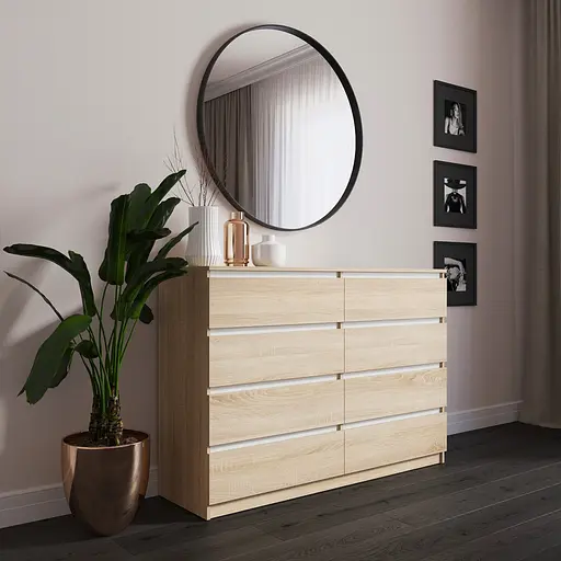 Комод Vays R-8 Дуб Сонома-Білі планки, 8 шухляд без ручок, ЛДСП, 140×40×98 см - для спальні, вітальні, передпокою