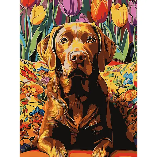 Картина по номерам Strateg Пес среди тюльпанов 30х40 см (SS-1288) - фото 1
