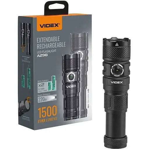 Ліхтар ручний Videx A298, чорний, 1500 Лм, 5000K, до 220 м, 6 режимів роботи, лінзи із загартованого скла, світлодіод Luminus - фото 1