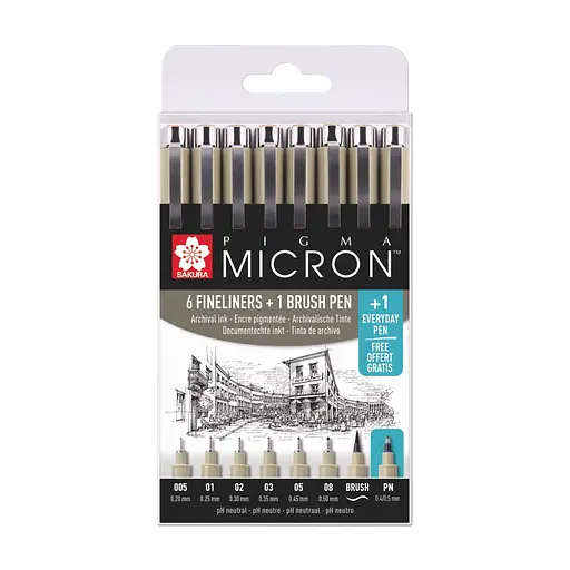 Набор линеров Pigma Micron 6 шт + 1 линер-кисть Pigma Brush + Pigma Micron PN в подарок Sakura - фото 1
