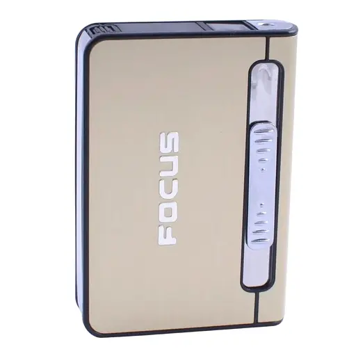 Портсигар на 12 сигарет с зажигалкой турбо пламя FOCUS №4939 Gold (11653)