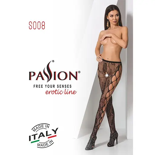 Эротические колготки-бодистокинг Passion S008 black ажурные колготки с вырезом и лампасами-сеткой S/M/L - фото 7
