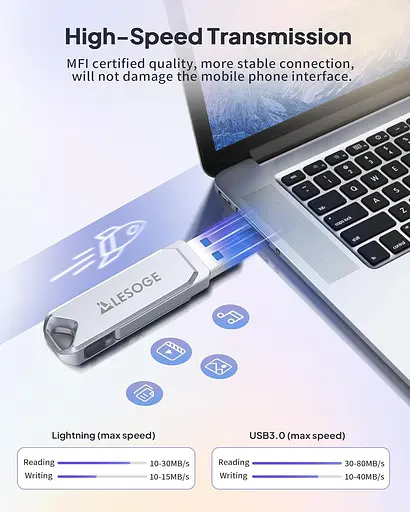 USB флеш-накопичувач 256 ГБ LESOGE Apple MFI USB-накопичувачі, 3 в 1 високошвидкісний USB-флеш-накопичувач - фото 7
