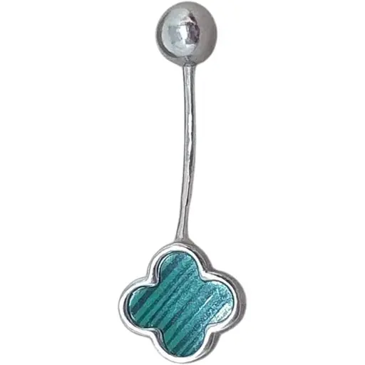 Серебряная серьга для пирсинга пупка Ирий Клевер с малахитом. 6026.1