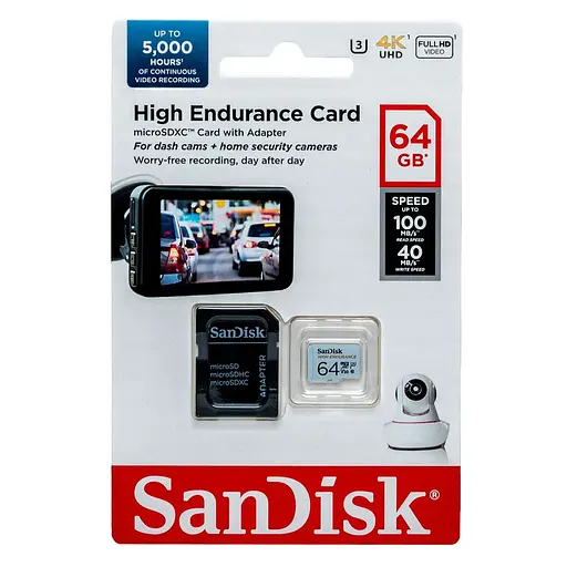 Карта памяти microSDXC (UHS-1 U3) SanDisk High Endurance 64Gb class 10 V30 (100Mb/s) (adapterSD) - фото 2