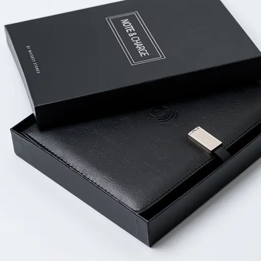 Шкіряний чорний бізнес щоденник-органайзер з бездротовою зарядкою з вбудованим Powerbank і флешкою з ручкою в коробці із якісного картону - фото 10