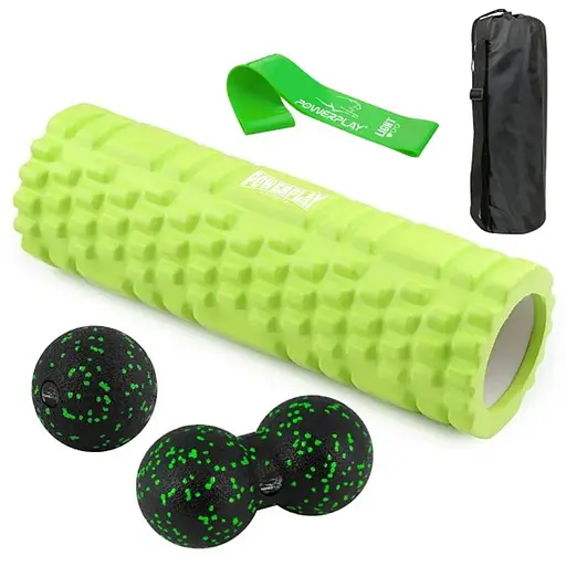 Набір для масажу та йоги PowerPlay PP_4097 (Ролик 30*10 + 2-ва мячі) Green + гумка 5.5 кг (PP_4097_Green) - фото 1