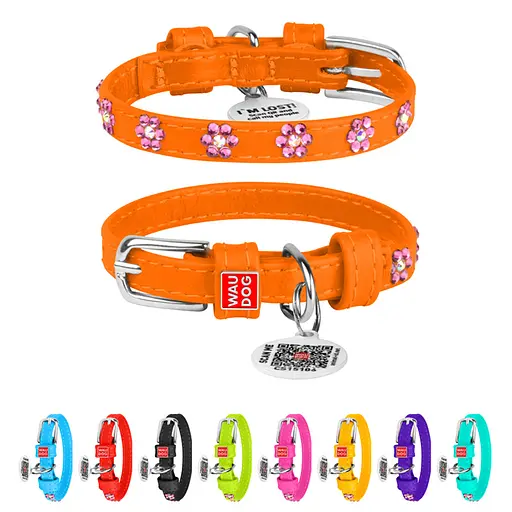 Ошейник для собак кожаный Waudog Glamour с QR-паспортом с клеевыми стразами "Цветы" Ш 9 мм Д 18-21 см оранжевый - фото 2