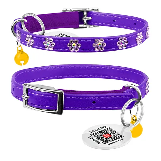 Нашийник Waudog Glamour з резинкою клейовими стразами "Квітка" для котів (ширина 9мм довжина 22-30см) фіолетовий