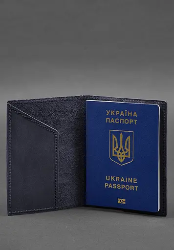 Кожаная обложка для паспорта с картой Украины синий Crazy Horse - фото 3