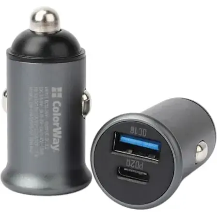 Автомобильное зарядное устройство ColorWay, черное, 1xUSB/QC3.0, 1xUSB-C/PD, 3A (CW-CHA029PD-GR) - фото 1