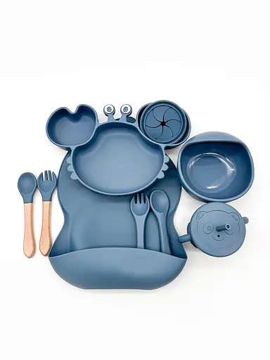 Набор детской силиконовой посуды для первого прикорма на присосках 9 предметов Краб Blue (18977) - фото 2