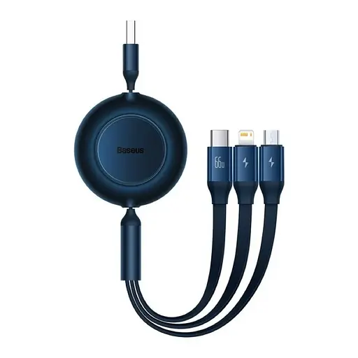 Кабель Baseus Bright Mirror 2 Series Retractable 3-in-1 Fast Charging Data Cable USB to M+L+C 66W 1.1m Blue - фото 1