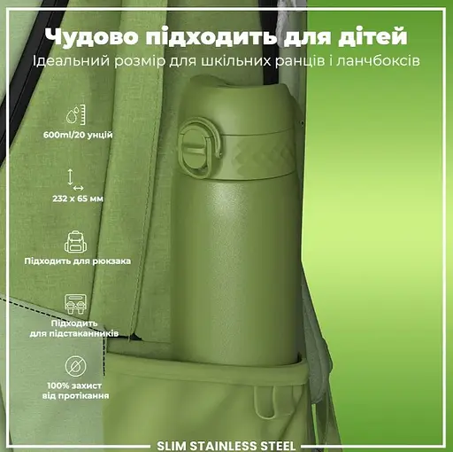 Пляшка для води ION8 металева 600 мл Stainless Steel Khaki Green (I8SS600KGRE) - фото 5