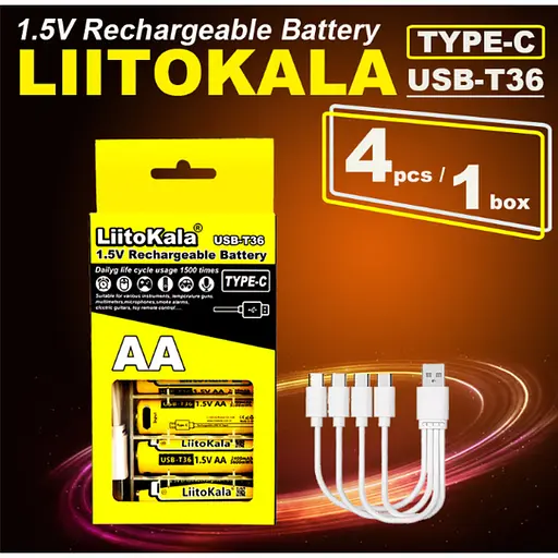 Набір акумуляторів з 4 шт LiitoKala USB-T36 + USB Type-C кабель зарядки - фото 5