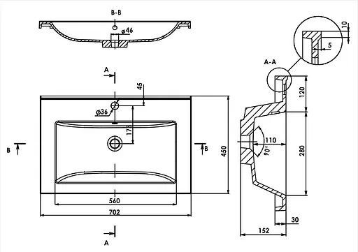 Раковина матова врізна Amidicon Cosmo 70 700x450 з литого каменю Cosmopolite_70_MAT, Білий матовий - фото 6