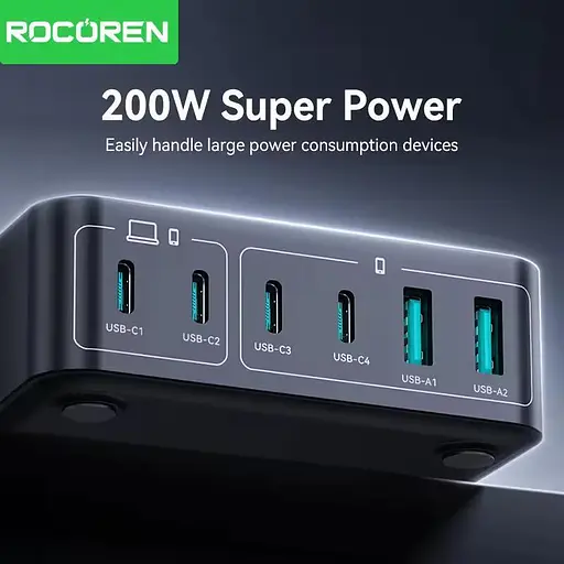 Зарядний пристрій адаптер живлення Rocoren 200 W GaN 0242 2U+4C чорна вилка США (US plug) - фото 3