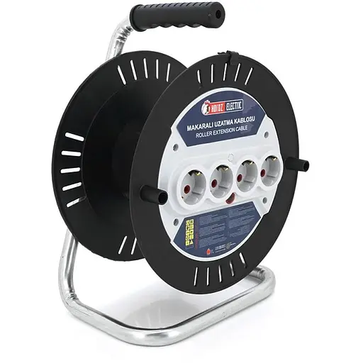 Катушка для удлинителя Horoz до 50 м без кабеля на 4 гнезда с заземлением, контактная группа латунь черно-серая - фото 2