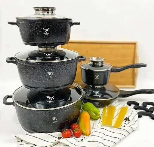 Набор кастрюль со сковородой и сотейником Top Kitchen TK-00020 с гранитным покрытием 12 предметов Черный - фото 2