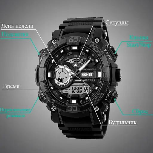 Мужские спортивные наручные часы Skmei 1228 (Черный) - фото 4