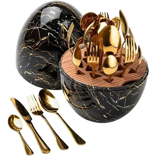 Набор столовых приборов TS Kitchen Черный мрамор на 6 персон из нержавеющей стали золотые 24 штуки в яйце - фото 1