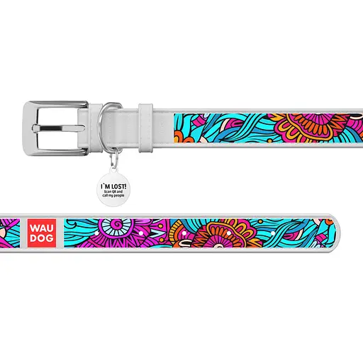 Ошейник для собак кожаный Waudog Design с QR-паспортом "Лето" XS Ш 12 мм Д 20-28 см белый - фото 3