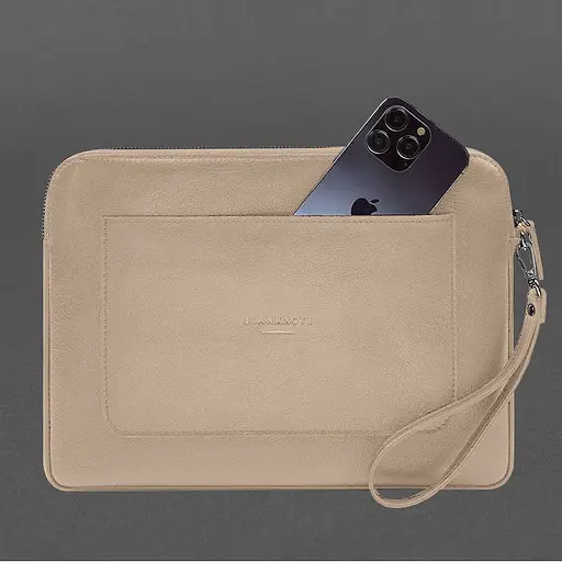 Кожаный чехол BlankNote для ноутбука на молнии с карманом и петлей на руку Светло-бежевый - фото 5