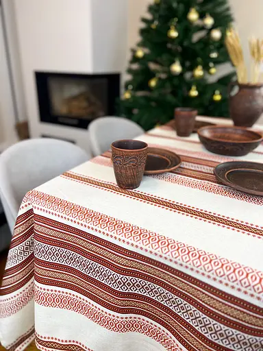 Лляна скатертина різдвяна з українським орнаментом "Промінь (червоний)" - 150х150 см - фото 8