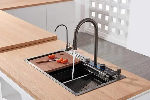 Cмеситель для кухни с водопадом и выдвижной лейкой нержавеющий графитовый Nett OG-38 - фото 4